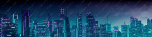Cyberpunk Cityscape with Purple and Cyan Neon lights. Night scene with Advanced Skyscrapers.