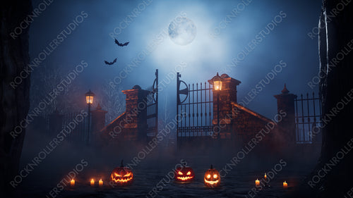 Jack O' Lanterns at Eerie Churchyard Gate. Halloween background.