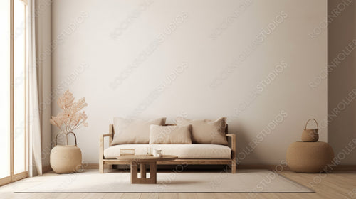 Wabi-Sabi Interior Design Background. Contemporary Living Room. Generative AI.