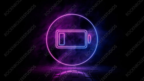 Pink and blue neon light low battery icon. Vibrant colored energy technology symbol, isolated on a black background. 3D Render