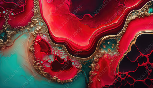 Beautiful Crimson Liquid Swirls with Gold Glitter. Elegant Art Wallpaper. Generative AI.