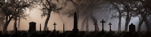 Halloween Background with Graveyard. Spooky scene with Tombstones and Trees enveloped in Pale Fog.