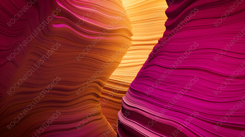 Pink and Yellow 3D Wavy Geometry. Contemporary Wallpaper with Elegant Surfaces.