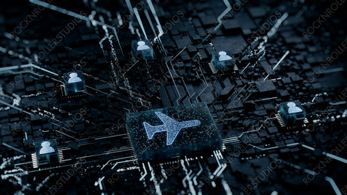Flight Technology Concept with airplane symbol on a Microchip. White Neon Data flows between Users and the CPU across a Futuristic Motherboard. 3D render.