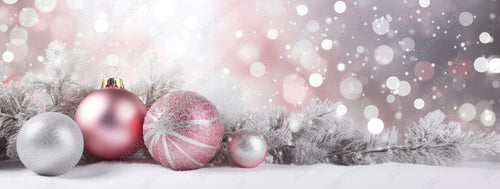 Christmas tree in white frost decorated pink silver balls on blurred, fairy background with beautiful bokeh, copy space, wide format. Christmas silvery pink sparkling background.