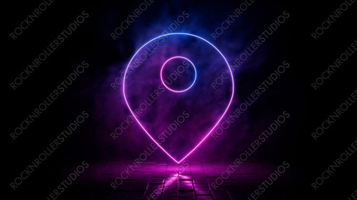 Pink and blue neon light map pin icon. Vibrant colored location technology symbol, isolated on a black background. 3D Render