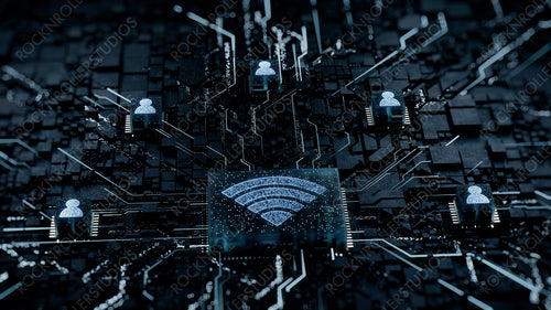 Wireless Technology Concept with wifi symbol on a Microchip. White Neon Data flows between Users and the CPU across a Futuristic Motherboard. 3D render.
