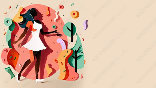 Dancing Lady in a Multicolored Geometric Design. Modern Paper Craft Wallpaper with Abstract Shapes and copy-space, to Celebrate International Woman's Day. Generative AI