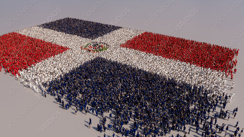 Aerial view of a Crowd of People, gathering to form the Flag of Dominican Republic. Dominican Banner on White Background.