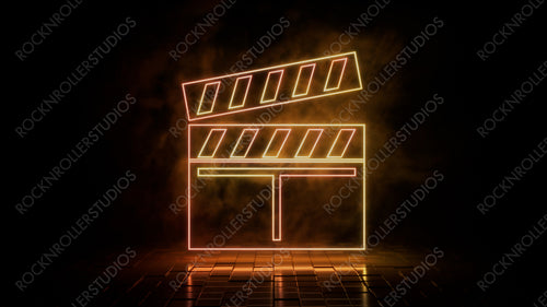 Orange and yellow neon light movie icon. Vibrant colored technology symbol, isolated on a black background. 3D Render