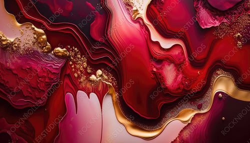 Elegant Marbling Wallpaper. Liquid Swirls in Beautiful Crimson colors, with Gold Glitter. Generative AI.