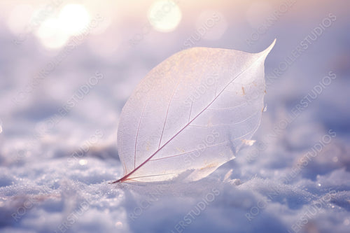 White transparent skeleton leaf on snow outdoors in winter. Beautiful texture, sparkling round glistens bokeh blue pink. Gentle romantic artistic image, Christmas and New Year, close-up macro.