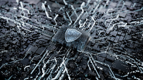 Security Technology Concept with shield symbol on a Microchip. Data flows from the CPU across a Futuristic Motherboard. 3D render.