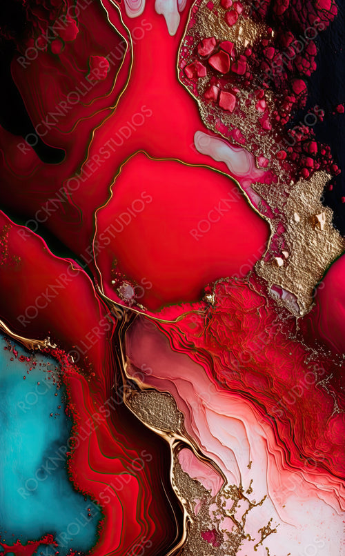 Liquid Swirls in Beautiful Crimson colors, with Gold Glitter. Contemporary Marbling Background. Generative AI.