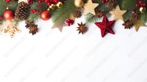 Festive Christmas border, isolated on white background. Fir green branches are decorated with gold stars, fir cones and red berries. Close-up, copy space.