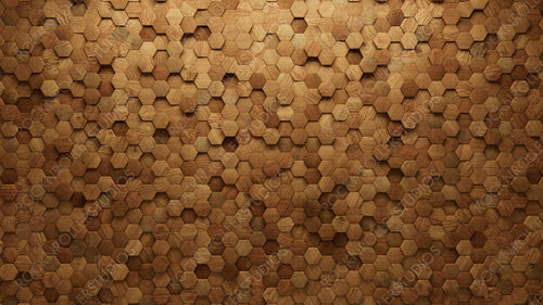 Natural Tiles arranged to create a Hexagonal wall. Wood, Soft sheen Background formed from 3D blocks. 3D Render