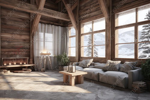Rustic Ski Chalet Background. Stylish Interior Design. Generative AI.