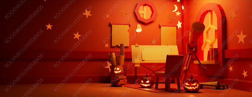 Carved Pumpkins in Magical Astronomer's Room. Halloween background with copy-space.