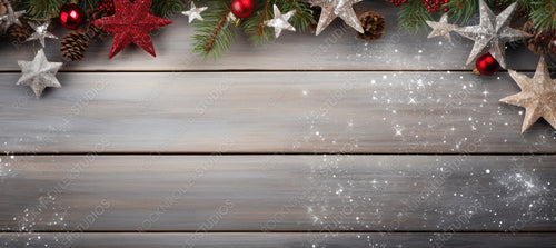 Christmas Fir Tree on Wooden Background with Snowflakes