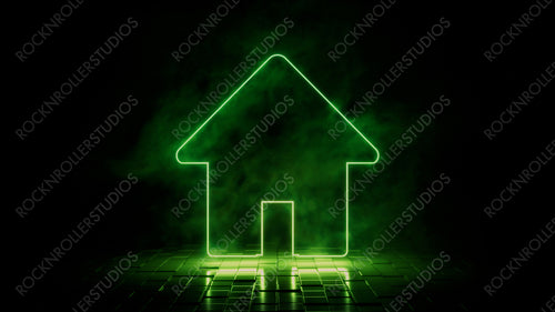 Green neon light home icon. Vibrant colored technology symbol, isolated on a black background. 3D Render