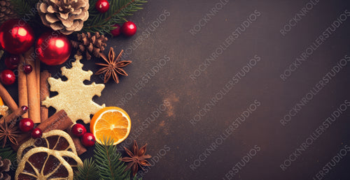 Christmas dark background border in bright Golden brown tones. Fir branches, cones, cinnamon sticks and red berries on textured background with copy space.