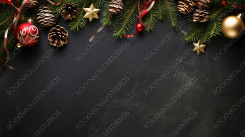 Festive Christmas greeting layout template with fir branches decorated with natural fir cones, red berries and stars. Dark black textured background, copy space, top view.