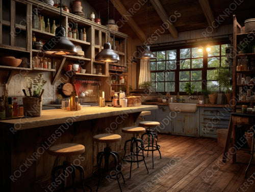 Rustic Interior Design Background. Contemporary Kitchen. Generative AI.