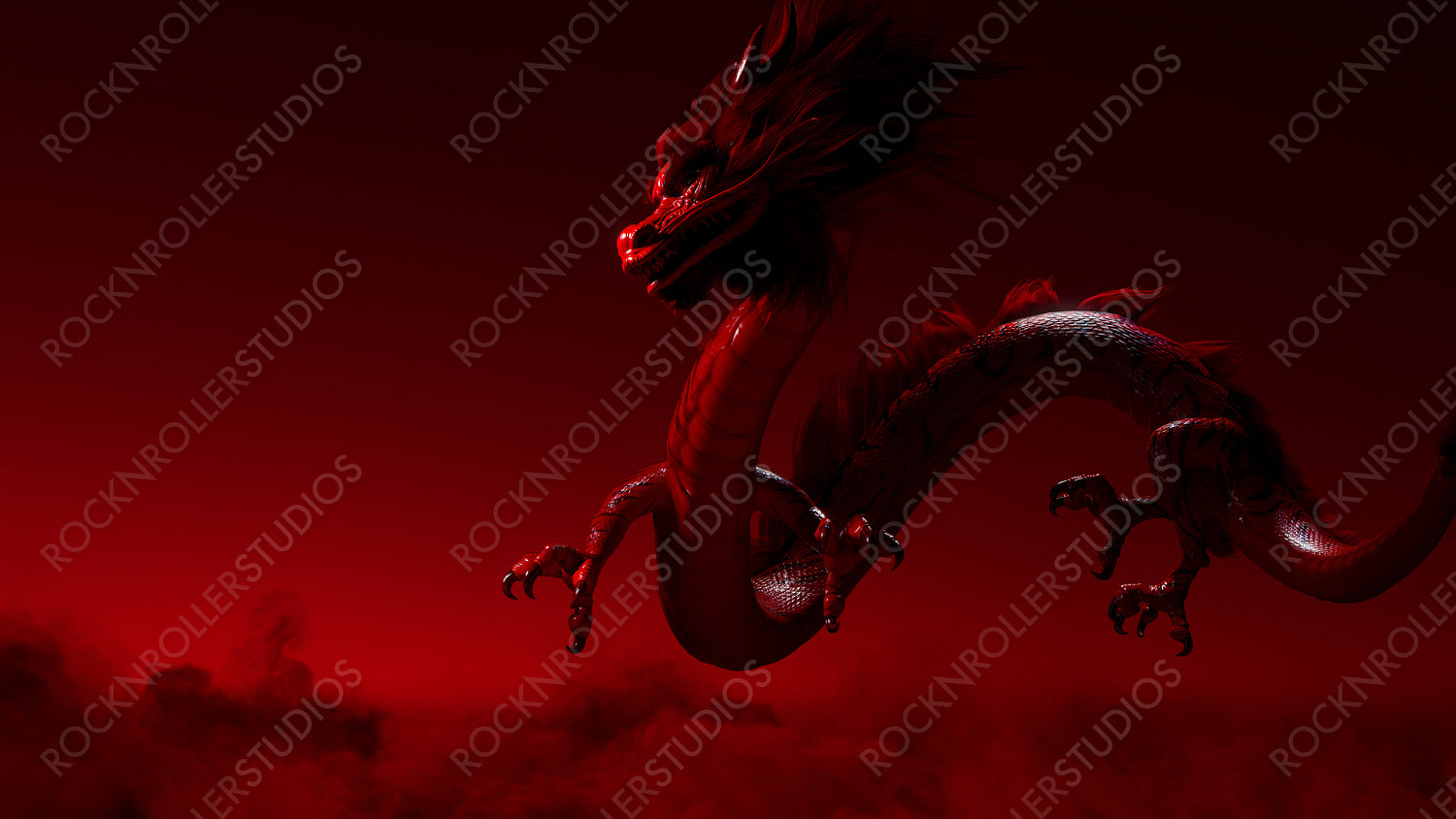 Flying Chinese Dragon against a Red Clear Sky. New Year Concept with copy-space.
