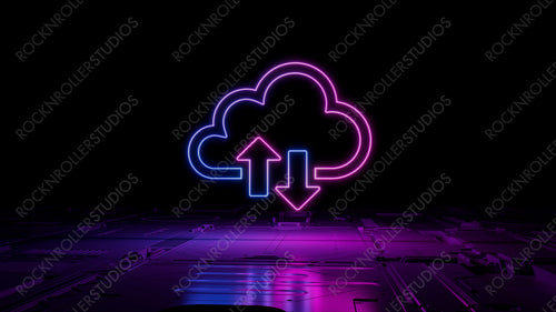 Pink and Blue neon light cloud icon. Vibrant colored Data storage technology symbol, on a black background with high tech floor. 3D Render