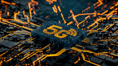 Wireless Technology Concept with 5G symbol on a Microchip. Data flows from the CPU across a Futuristic Motherboard. 3D render.