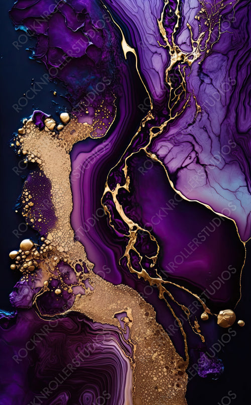 Beautiful Purple and Black Liquid Swirls with Gold Powder. Elegant Acrylic Pour Wallpaper. Generative AI.