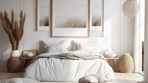 Contemporary Bedroom. Coastal Interior Design Background. Generative AI.