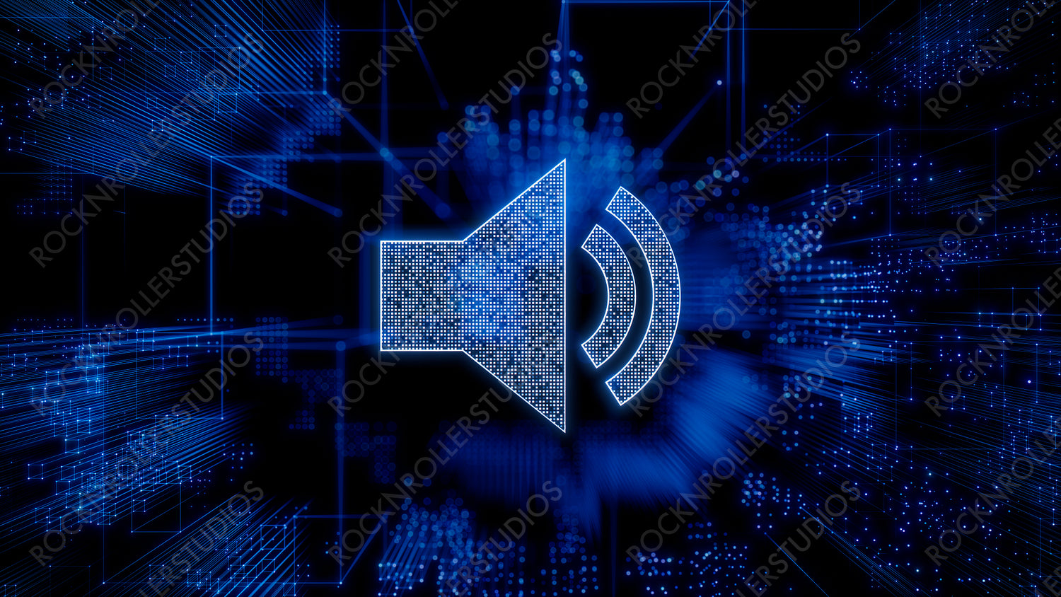 Sound Technology Concept with audio symbol against a Futuristic, Blue Digital Grid background. Network Tech Wallpaper. 3D Render