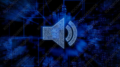 Sound Technology Concept with audio symbol against a Futuristic, Blue Digital Grid background. Network Tech Wallpaper. 3D Render