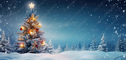 Beautiful Christmas and New Year background with decorated Christmas tree in fluffy snowdrifts against background of evening winter forest, falling snow and magical sky.