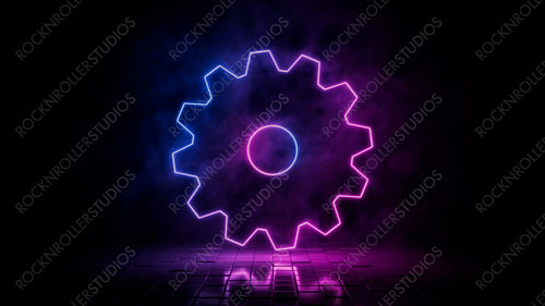 Pink and blue neon light cog icon. Vibrant colored settings technology symbol, isolated on a black background. 3D Render