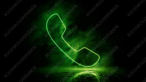 Green neon light phone icon. Vibrant colored technology symbol, isolated on a black background. 3D Render