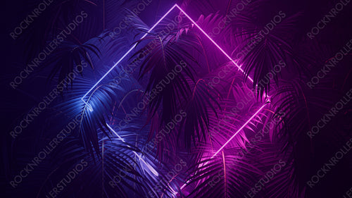 Cyber Background Design. Tropical Plants with Pink and Blue, Diamond shaped Neon Frame.