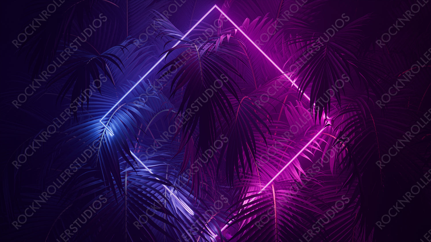 Cyber Background Design. Tropical Plants with Pink and Blue, Diamond shaped Neon Frame.