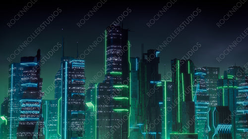 Sci-fi Metropolis with Green and Blue Neon lights. Night scene with Visionary Superstructures.