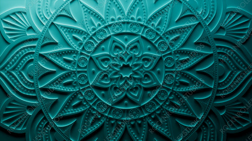 Turquoise Surface with Extruded Mandala Design. Three-dimensional Diwali Celebration Background.