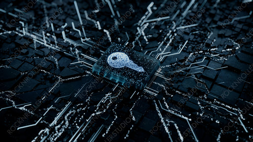 Security Technology Concept with key symbol on a Microchip. Data flows from the CPU across a Futuristic Motherboard. 3D render.