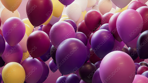 Purple, Yellow and Cream Balloons Floating in the Air. Colorful, Carnival Wallpaper.