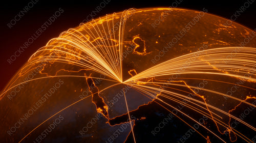 Futuristic Neon Map. Orange Lines connect Riyadh Saudi, Arabia with Cities across the Globe. Global Travel or Communication Concept.