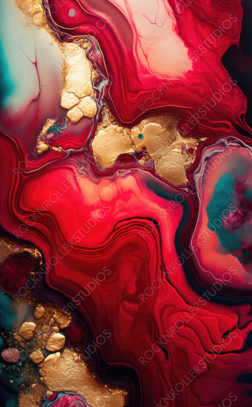 Beautiful Crimson Liquid Swirls with Gold Powder. Elegant Acrylic Pour Wallpaper. Generative AI.