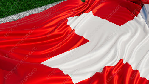 Flag of Switzerland on a Sports field. Grass Pitch with a Swiss Flag. Euro 2020 Soccer Wallpaper.