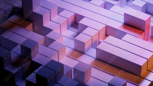 Futuristic Tech Wallpaper with Neatly Constructed Glossy Blocks. Violet and Orange, 3D Render.
