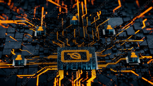 Environmental Energy Technology Concept with Eco battery symbol on a Microchip. Orange Neon Data flows between Users and the CPU across a Futuristic Motherboard. 3D render.