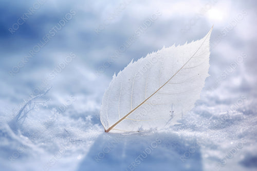 White transparent skeleton leaf on snow outdoors in winter. Beautiful texture, falling snow flakes, soft blurred blue background. Gentle romantic artistic image, Christmas  New Year, close-up macro.