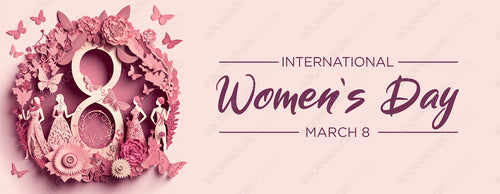 Elegant Paper Cut Banner to Celebrate International Woman's Day. Pink Floral Design with Number 8, Flowers and Caption. Generative AI.